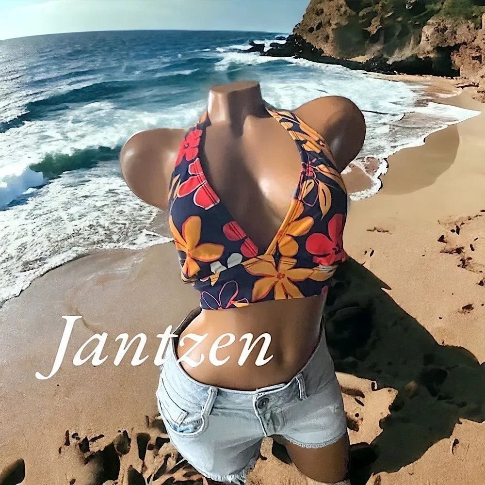 Jantzen l Hawaiian Floral Print l Bikini Top l Tie Back l Lined l EUC
